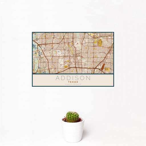 12x18 Addison Texas Map Print Landscape Orientation in Woodblock Style With Small Cactus Plant in White Planter