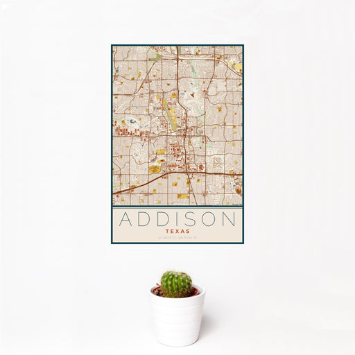 12x18 Addison Texas Map Print Portrait Orientation in Woodblock Style With Small Cactus Plant in White Planter