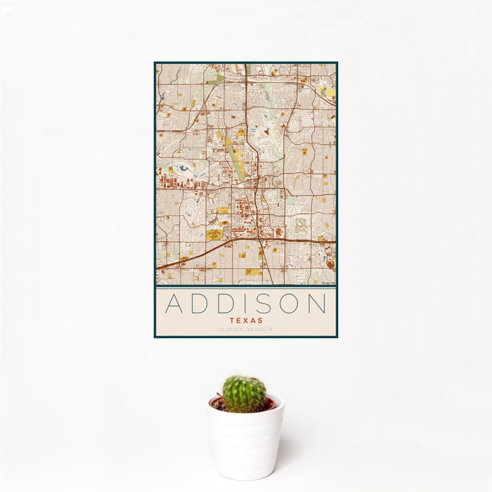 12x18 Addison Texas Map Print Portrait Orientation in Woodblock Style With Small Cactus Plant in White Planter
