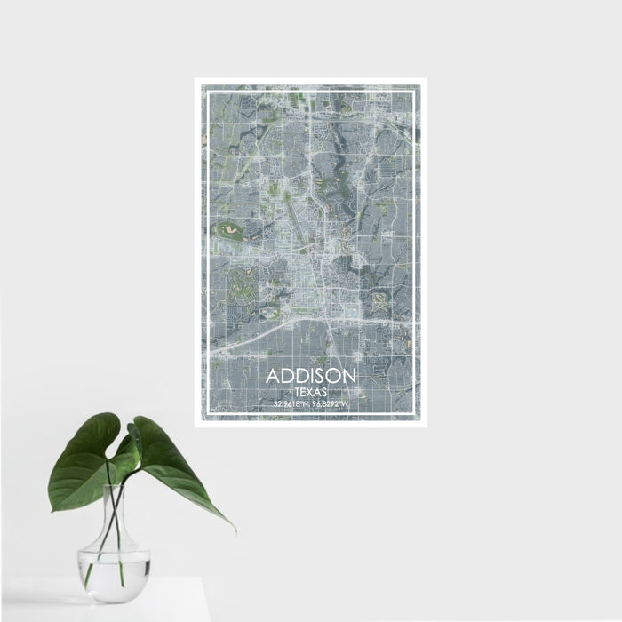 16x24 Addison Texas Map Print Portrait Orientation in Afternoon Style With Tropical Plant Leaves in Water