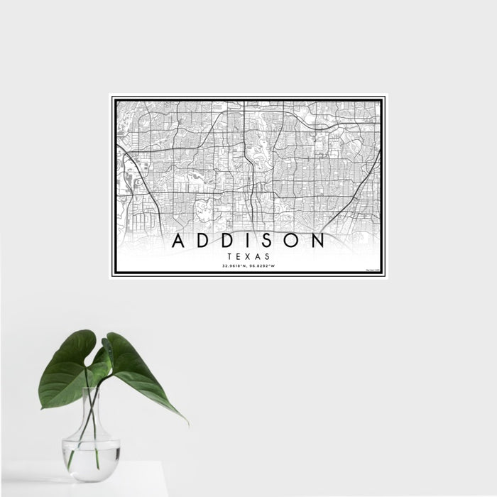 16x24 Addison Texas Map Print Landscape Orientation in Classic Style With Tropical Plant Leaves in Water