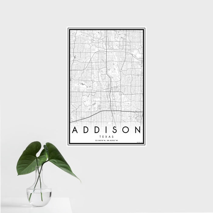 16x24 Addison Texas Map Print Portrait Orientation in Classic Style With Tropical Plant Leaves in Water