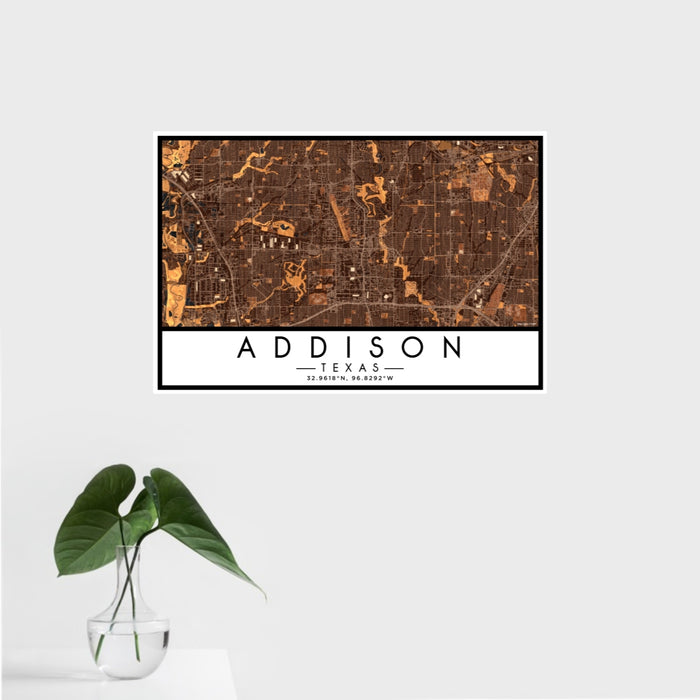 16x24 Addison Texas Map Print Landscape Orientation in Ember Style With Tropical Plant Leaves in Water