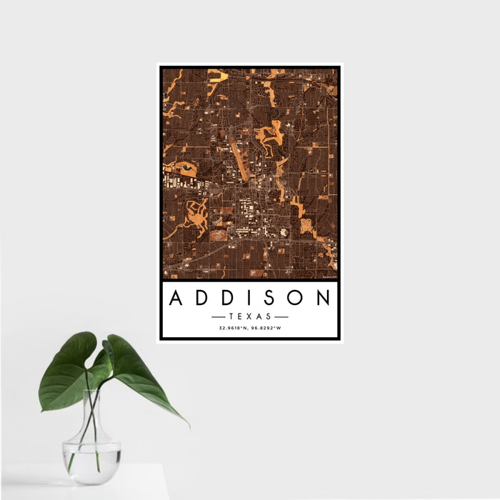 16x24 Addison Texas Map Print Portrait Orientation in Ember Style With Tropical Plant Leaves in Water