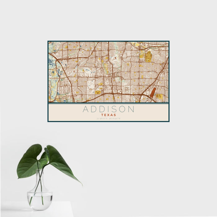 16x24 Addison Texas Map Print Landscape Orientation in Woodblock Style With Tropical Plant Leaves in Water