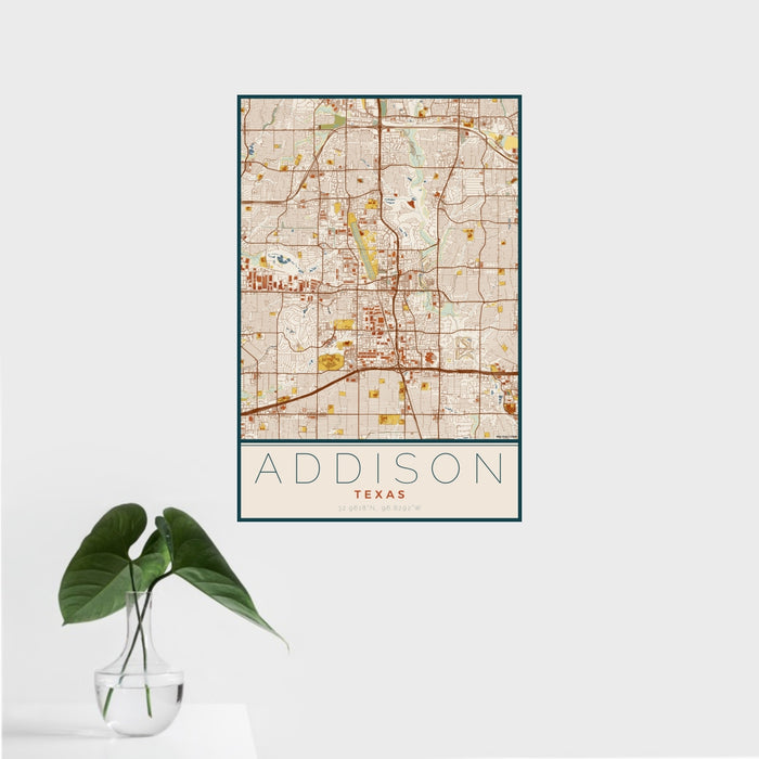 16x24 Addison Texas Map Print Portrait Orientation in Woodblock Style With Tropical Plant Leaves in Water