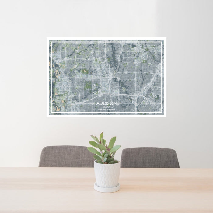 24x36 Addison Texas Map Print Lanscape Orientation in Afternoon Style Behind 2 Chairs Table and Potted Plant