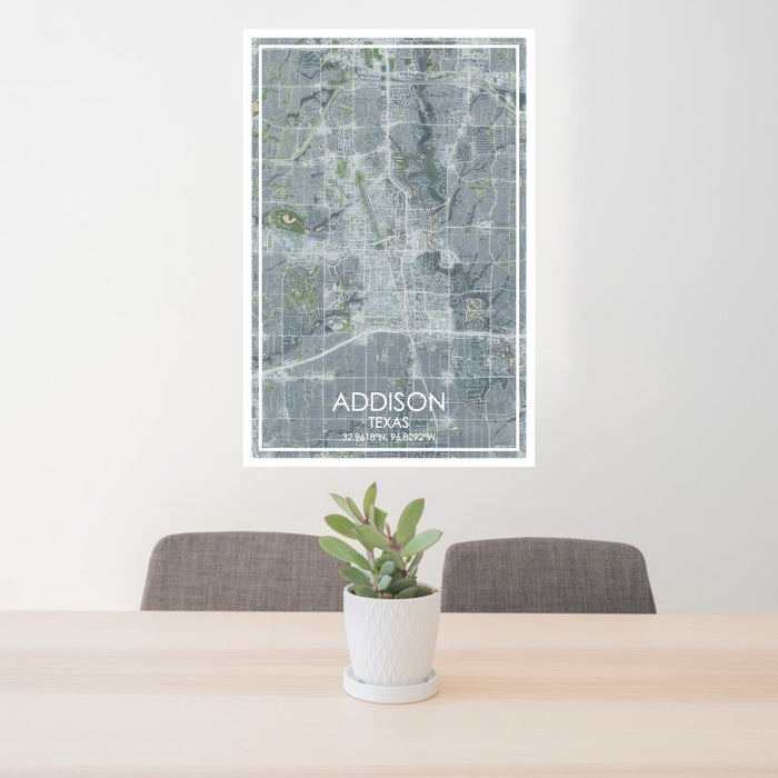 24x36 Addison Texas Map Print Portrait Orientation in Afternoon Style Behind 2 Chairs Table and Potted Plant