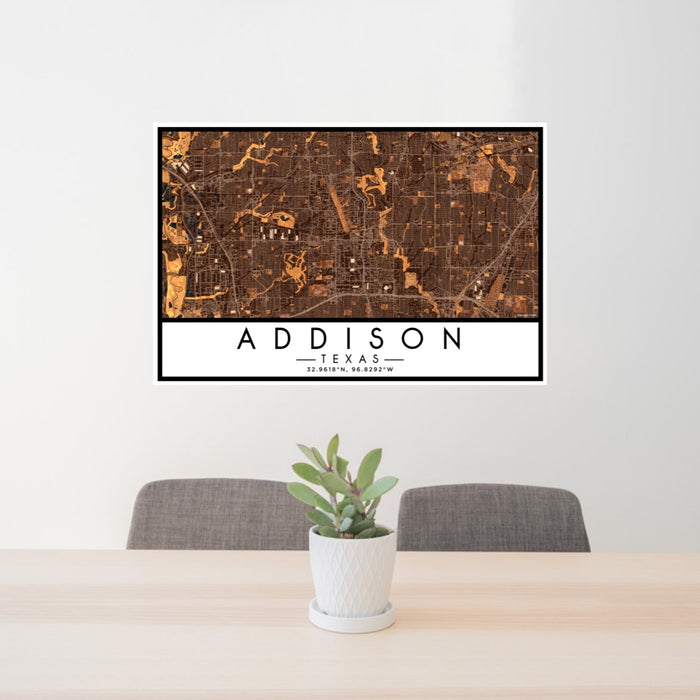 24x36 Addison Texas Map Print Lanscape Orientation in Ember Style Behind 2 Chairs Table and Potted Plant