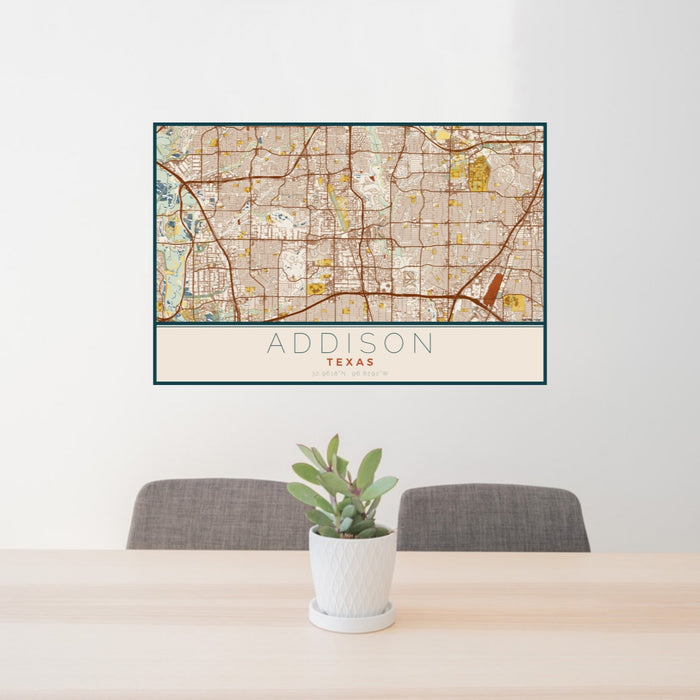 24x36 Addison Texas Map Print Lanscape Orientation in Woodblock Style Behind 2 Chairs Table and Potted Plant