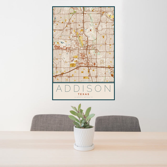 24x36 Addison Texas Map Print Portrait Orientation in Woodblock Style Behind 2 Chairs Table and Potted Plant