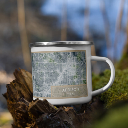 Right View Custom Addison Texas Map Enamel Mug in Afternoon on Grass With Trees in Background