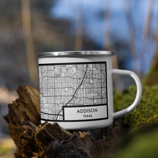 Right View Custom Addison Texas Map Enamel Mug in Classic on Grass With Trees in Background
