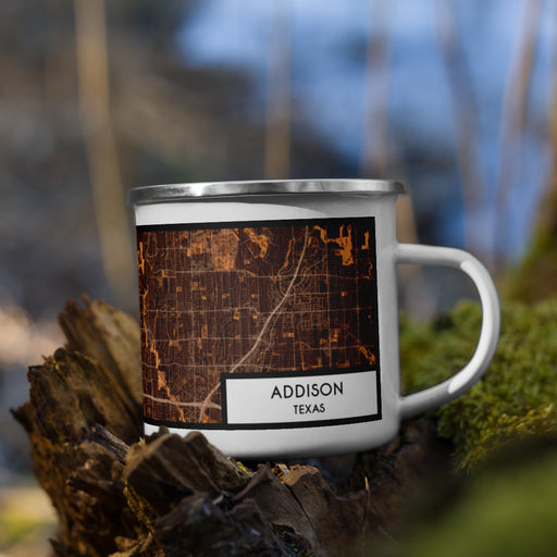 Right View Custom Addison Texas Map Enamel Mug in Ember on Grass With Trees in Background
