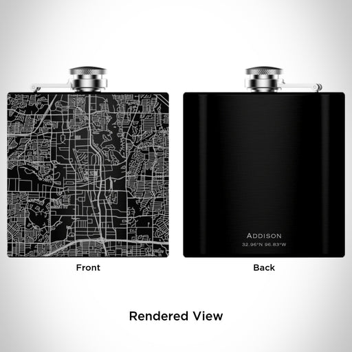 Rendered View of Addison Texas Map Engraving on 6oz Stainless Steel Flask in Black