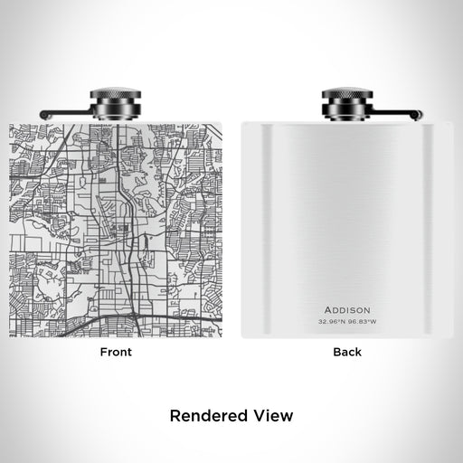 Rendered View of Addison Texas Map Engraving on 6oz Stainless Steel Flask in White