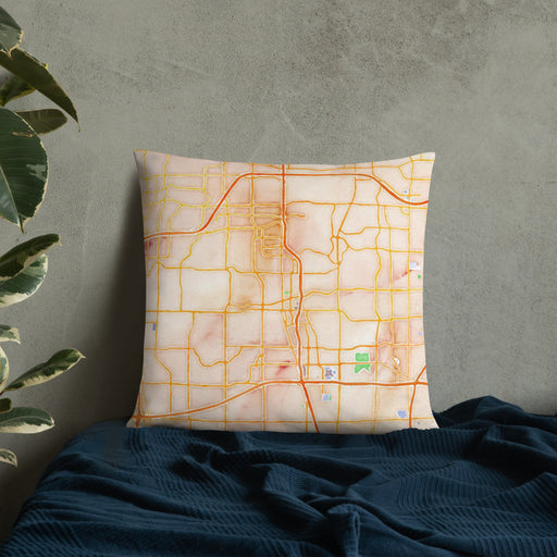 Custom Addison Texas Map Throw Pillow in Watercolor on Bedding Against Wall