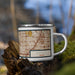 Right View Custom Addison Texas Map Enamel Mug in Woodblock on Grass With Trees in Background