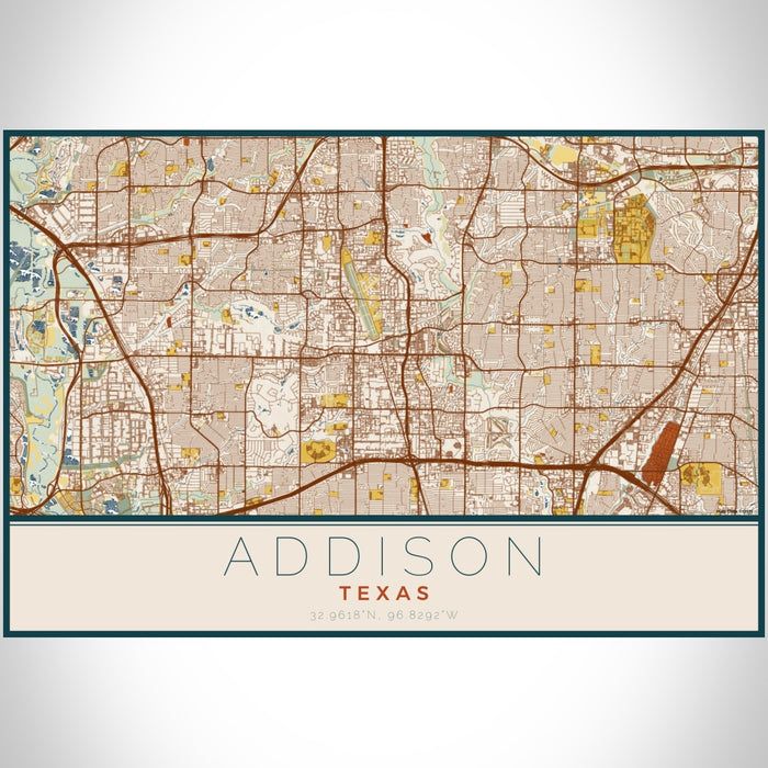 Addison Texas Map Print Landscape Orientation in Woodblock Style With Shaded Background