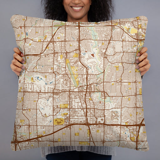 Person holding 22x22 Custom Addison Texas Map Throw Pillow in Woodblock