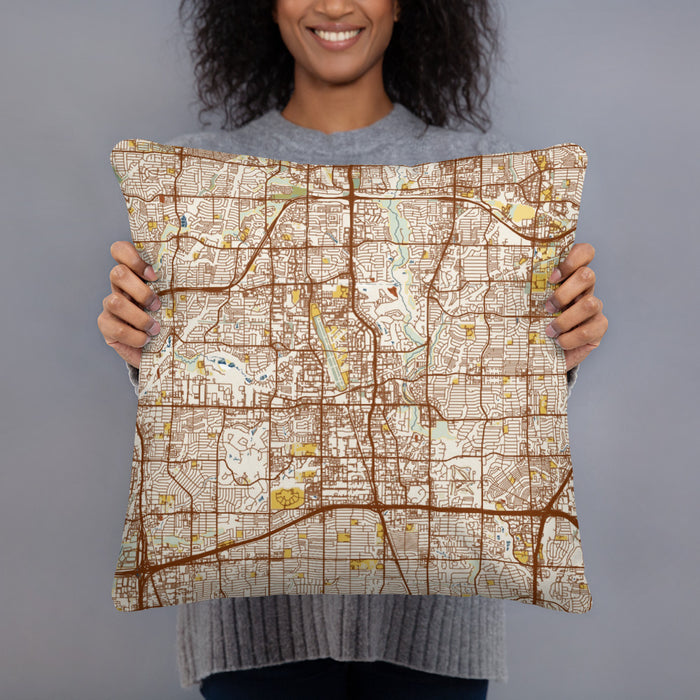 Person holding 18x18 Custom Addison Texas Map Throw Pillow in Woodblock