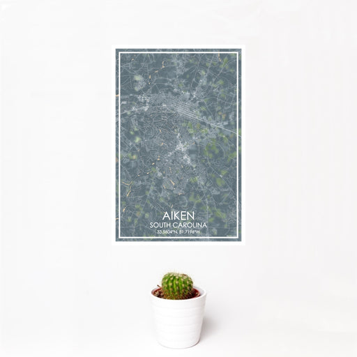 12x18 Aiken South Carolina Map Print Portrait Orientation in Afternoon Style With Small Cactus Plant in White Planter