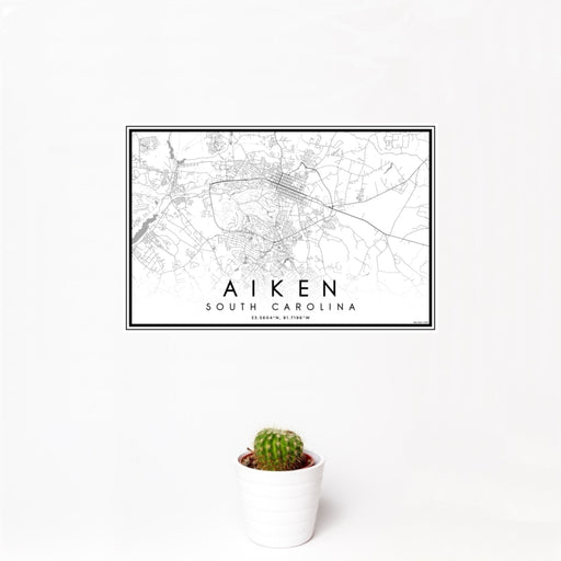 12x18 Aiken South Carolina Map Print Landscape Orientation in Classic Style With Small Cactus Plant in White Planter