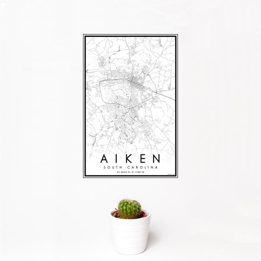 12x18 Aiken South Carolina Map Print Portrait Orientation in Classic Style With Small Cactus Plant in White Planter