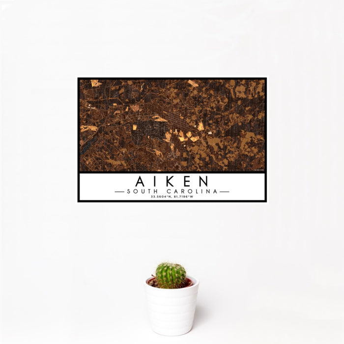 12x18 Aiken South Carolina Map Print Landscape Orientation in Ember Style With Small Cactus Plant in White Planter