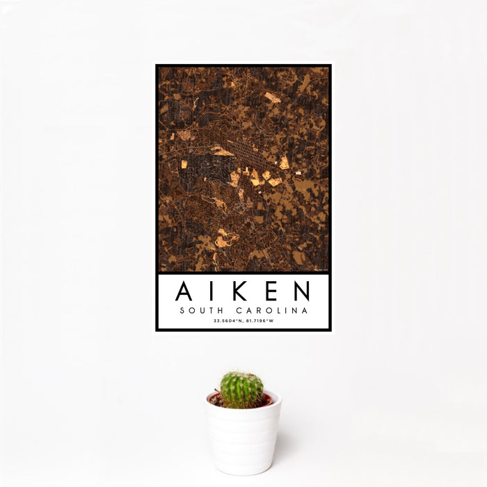 12x18 Aiken South Carolina Map Print Portrait Orientation in Ember Style With Small Cactus Plant in White Planter