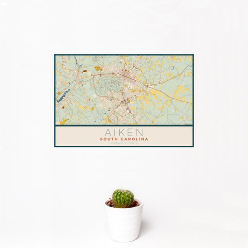 12x18 Aiken South Carolina Map Print Landscape Orientation in Woodblock Style With Small Cactus Plant in White Planter