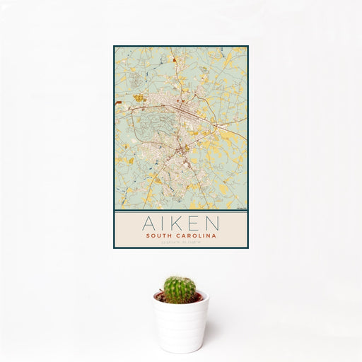12x18 Aiken South Carolina Map Print Portrait Orientation in Woodblock Style With Small Cactus Plant in White Planter