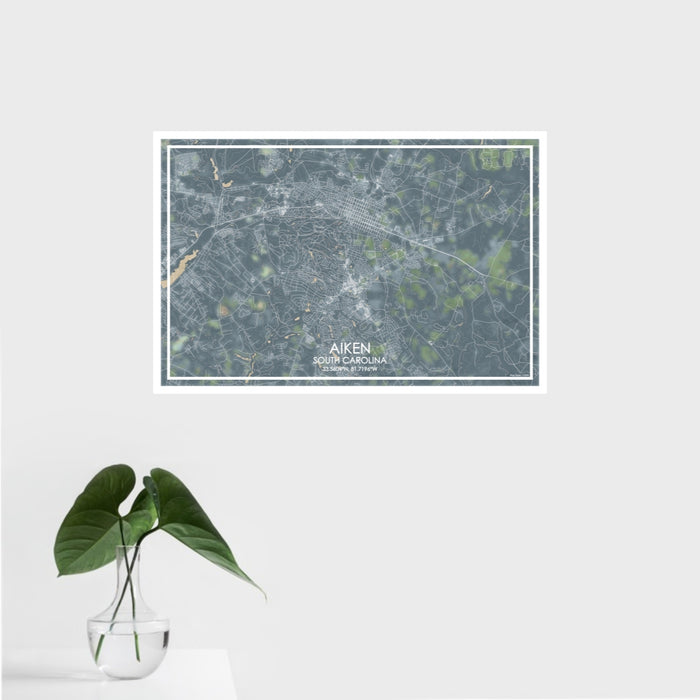 16x24 Aiken South Carolina Map Print Landscape Orientation in Afternoon Style With Tropical Plant Leaves in Water