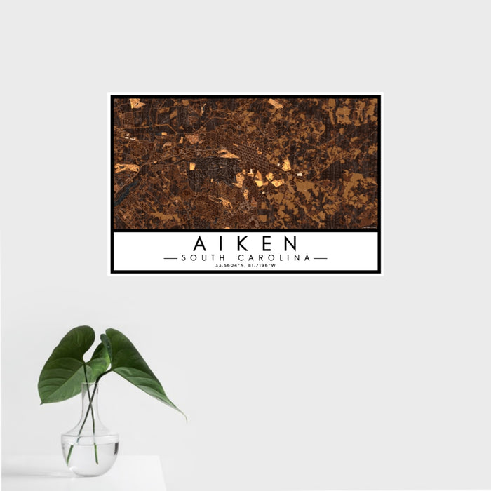 16x24 Aiken South Carolina Map Print Landscape Orientation in Ember Style With Tropical Plant Leaves in Water