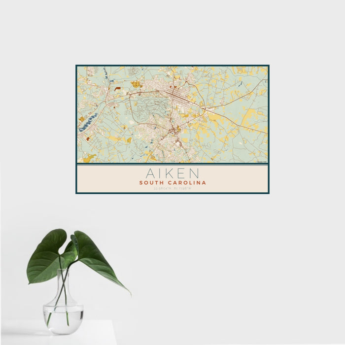 16x24 Aiken South Carolina Map Print Landscape Orientation in Woodblock Style With Tropical Plant Leaves in Water