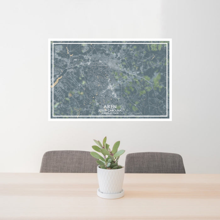 24x36 Aiken South Carolina Map Print Lanscape Orientation in Afternoon Style Behind 2 Chairs Table and Potted Plant