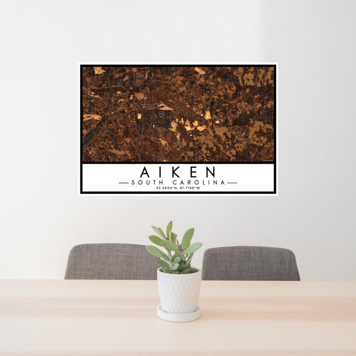 24x36 Aiken South Carolina Map Print Lanscape Orientation in Ember Style Behind 2 Chairs Table and Potted Plant