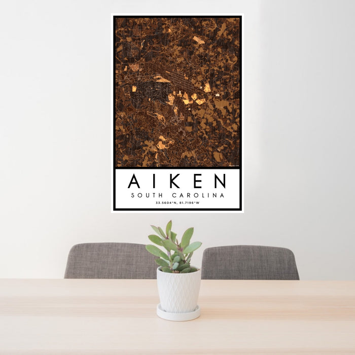 24x36 Aiken South Carolina Map Print Portrait Orientation in Ember Style Behind 2 Chairs Table and Potted Plant