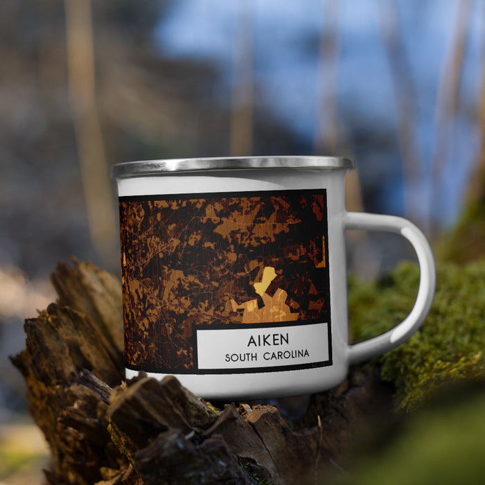 Right View Custom Aiken South Carolina Map Enamel Mug in Ember on Grass With Trees in Background