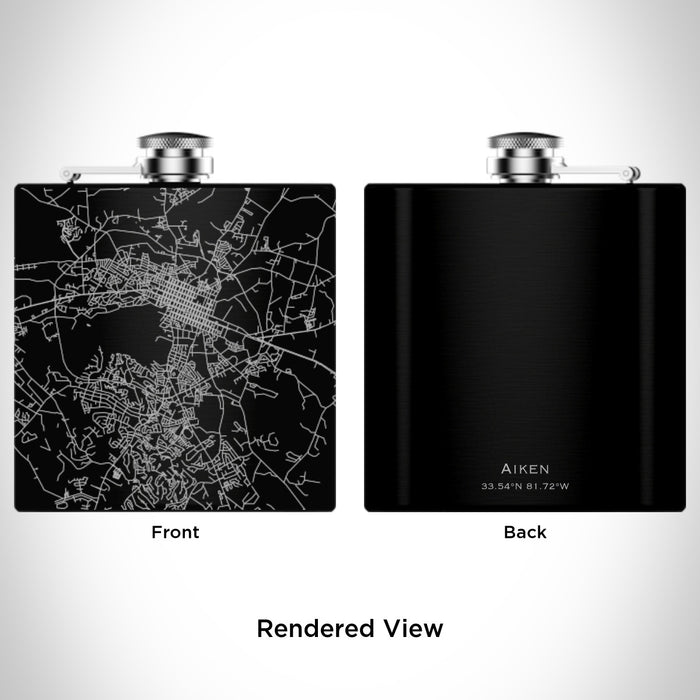 Rendered View of Aiken South Carolina Map Engraving on 6oz Stainless Steel Flask in Black