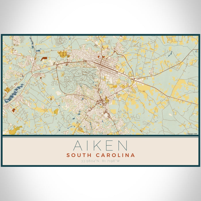 Aiken South Carolina Map Print Landscape Orientation in Woodblock Style With Shaded Background