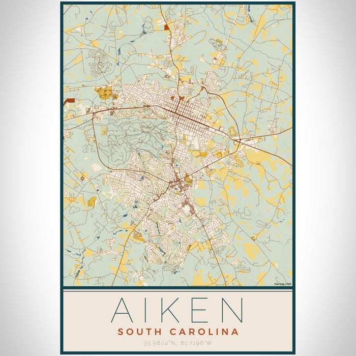 Aiken South Carolina Map Print Portrait Orientation in Woodblock Style With Shaded Background