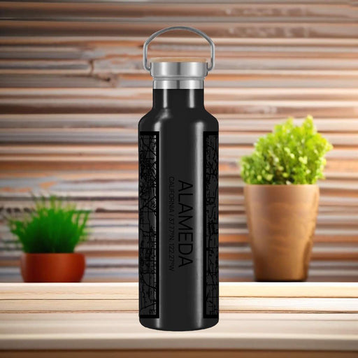 Alameda California Custom City Map Inscription Coordinates on 20oz Stainless Steel Insulated Bottle with Bamboo Top in Matte Black with printed Tactile Lines Map in Black