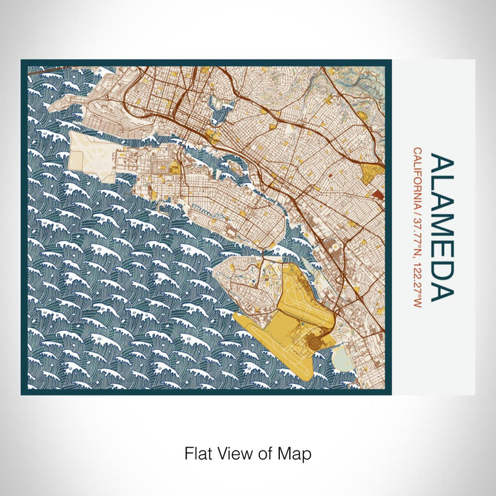 Rendered View of Alameda California Map on 20oz Stainless Steel Insulated Bottle with Bamboo Top with printed woodblock style map
