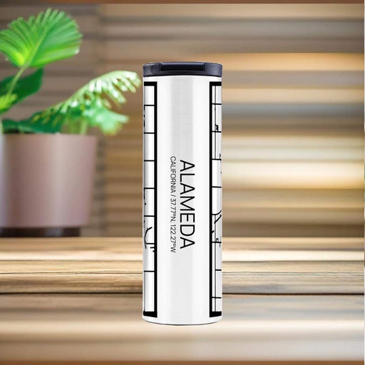 Alameda California Custom City Map Inscription Coordinates on 17oz Stainless Steel Insulated Tumbler in Matte White with Tactile Lines