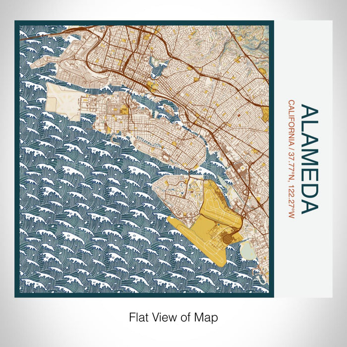 Rendered View of Alameda California Map on 17oz Stainless Steel Insulated Tumbler in Woodblock Map Style