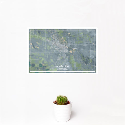 12x18 Alamosa Colorado Map Print Landscape Orientation in Afternoon Style With Small Cactus Plant in White Planter