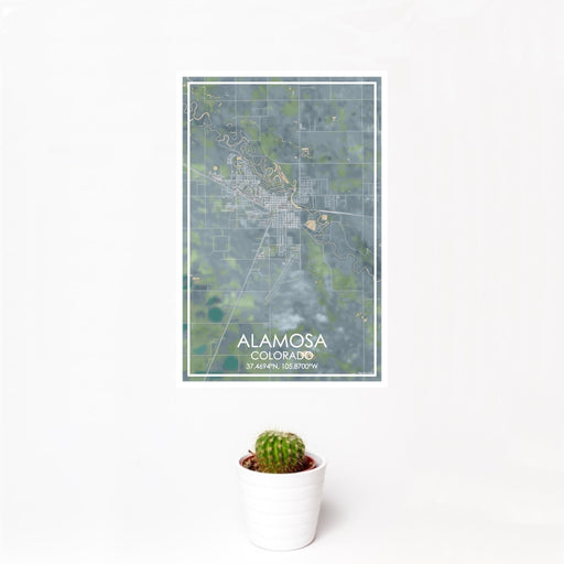 12x18 Alamosa Colorado Map Print Portrait Orientation in Afternoon Style With Small Cactus Plant in White Planter