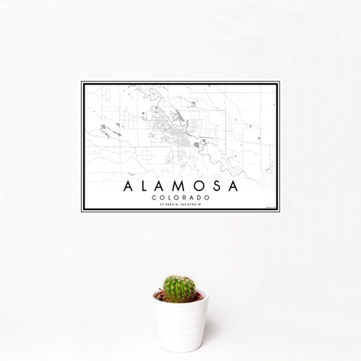 12x18 Alamosa Colorado Map Print Landscape Orientation in Classic Style With Small Cactus Plant in White Planter