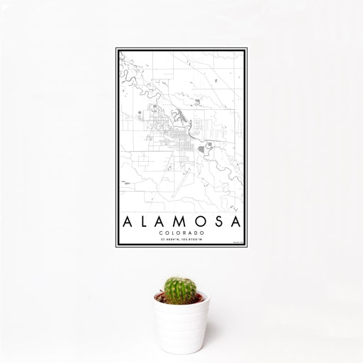 12x18 Alamosa Colorado Map Print Portrait Orientation in Classic Style With Small Cactus Plant in White Planter